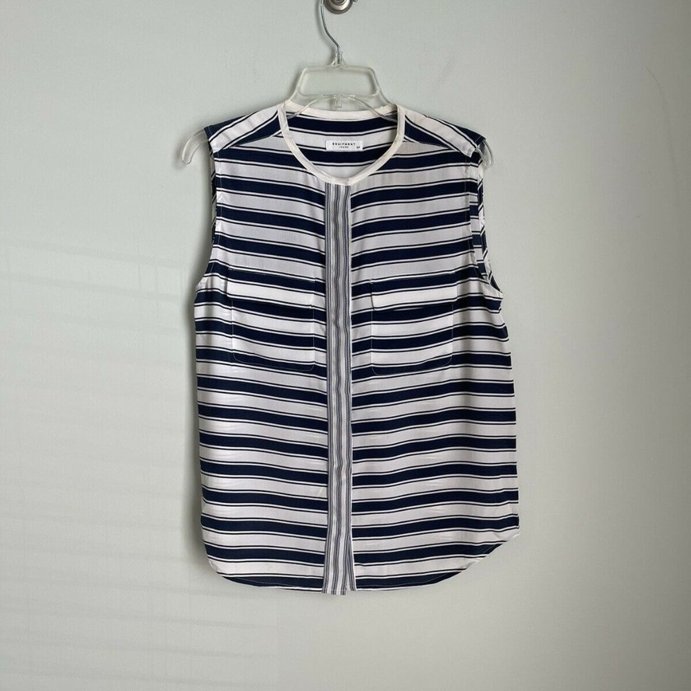 Equipment Womens Blue White Striped Sleeveless Button Down 100% Silk Top